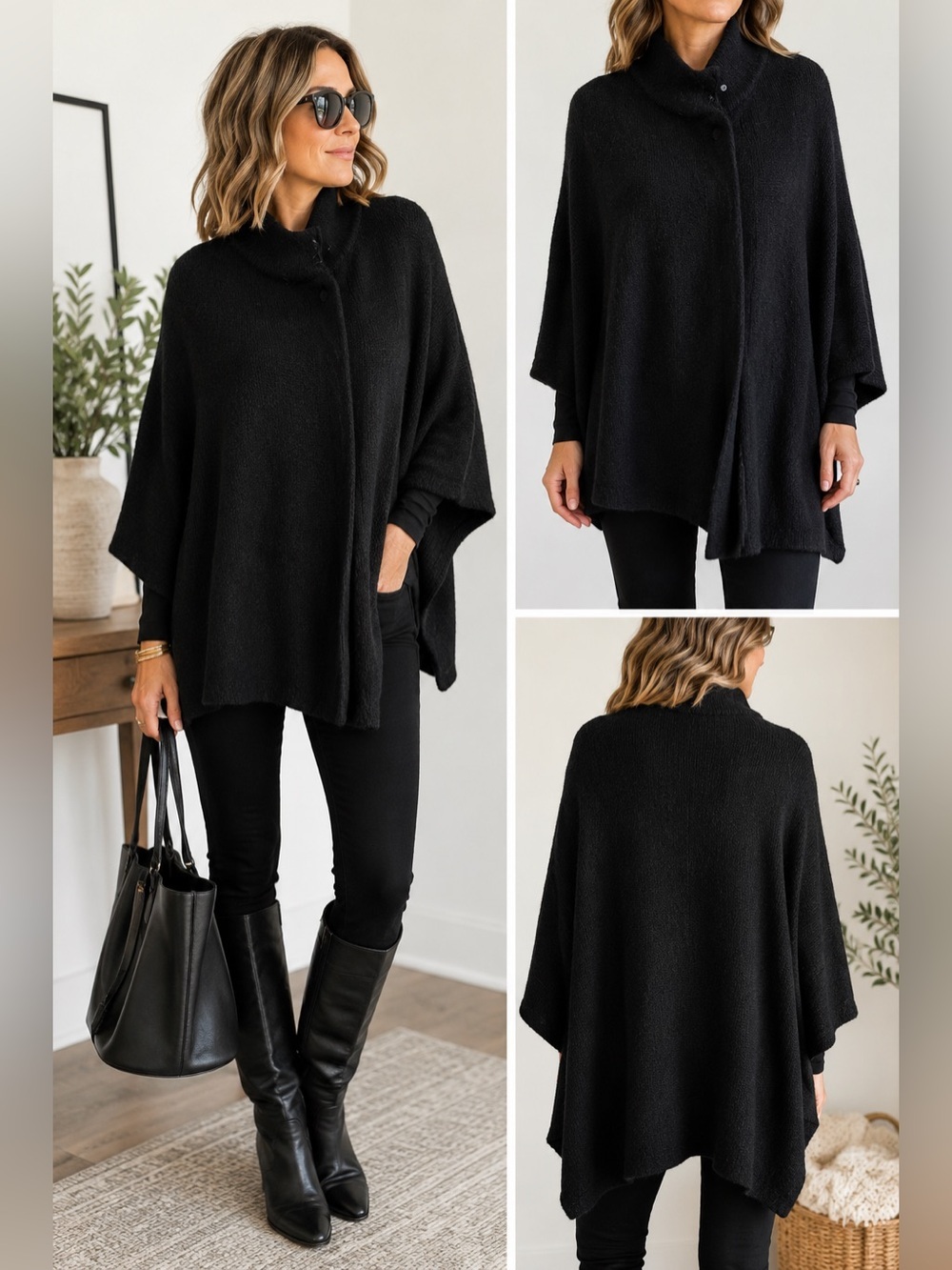 Cocogio Made in Italy Black Wool Alpaca Knit Poncho Cape Cardigan OS